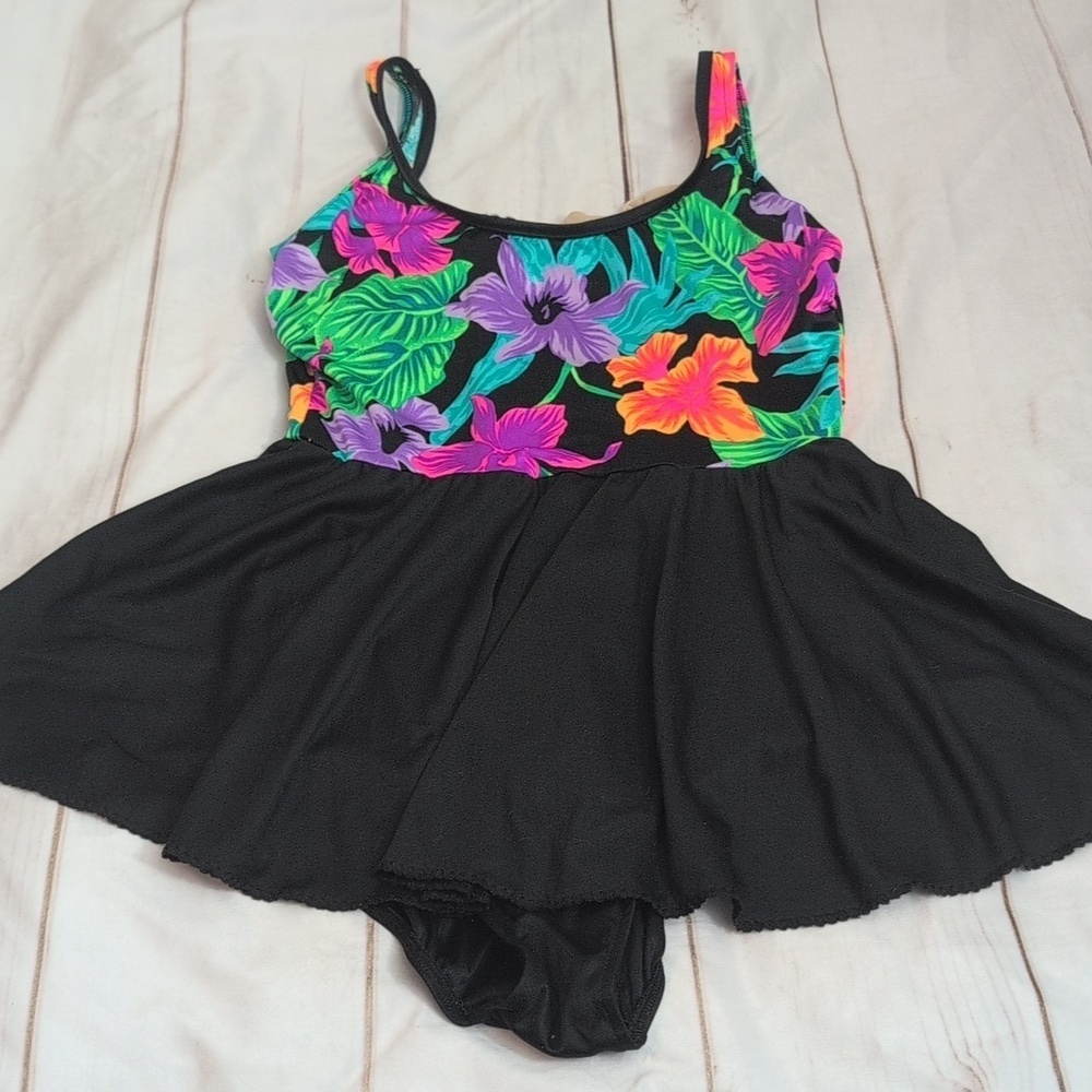 Vintage 80s Flirty One Piece Swimsuit with Skirt Tropical Neon Floral Beach Vaca